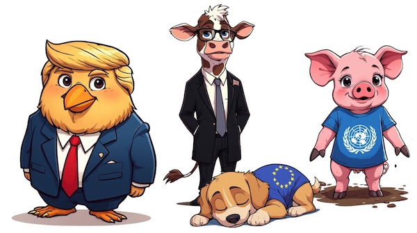Trump Hen with Dog, Pig, and Cow